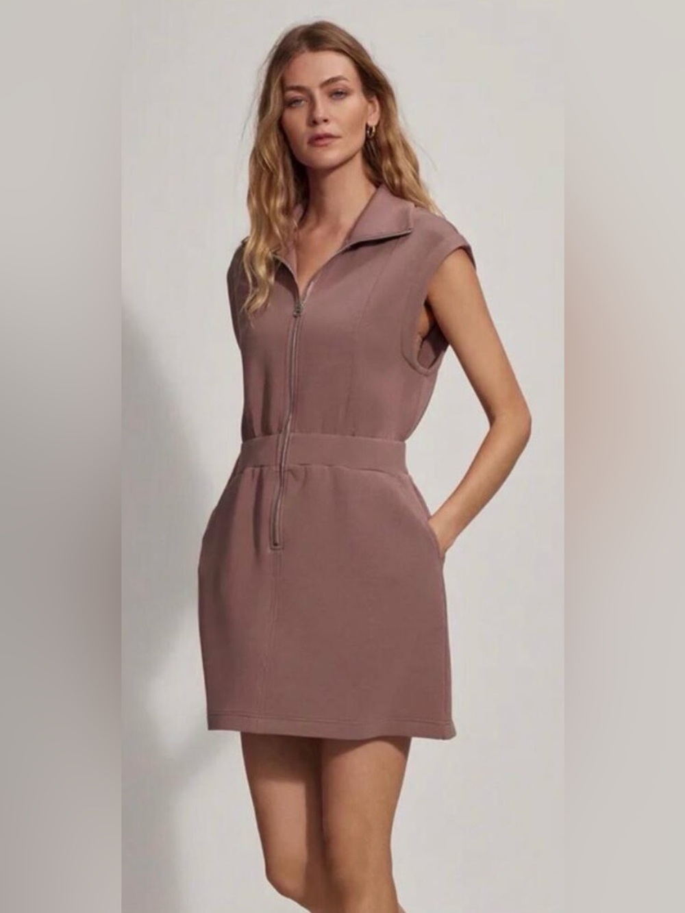 Varley Mauve Zip-Front Sleeveless Mini Dress
